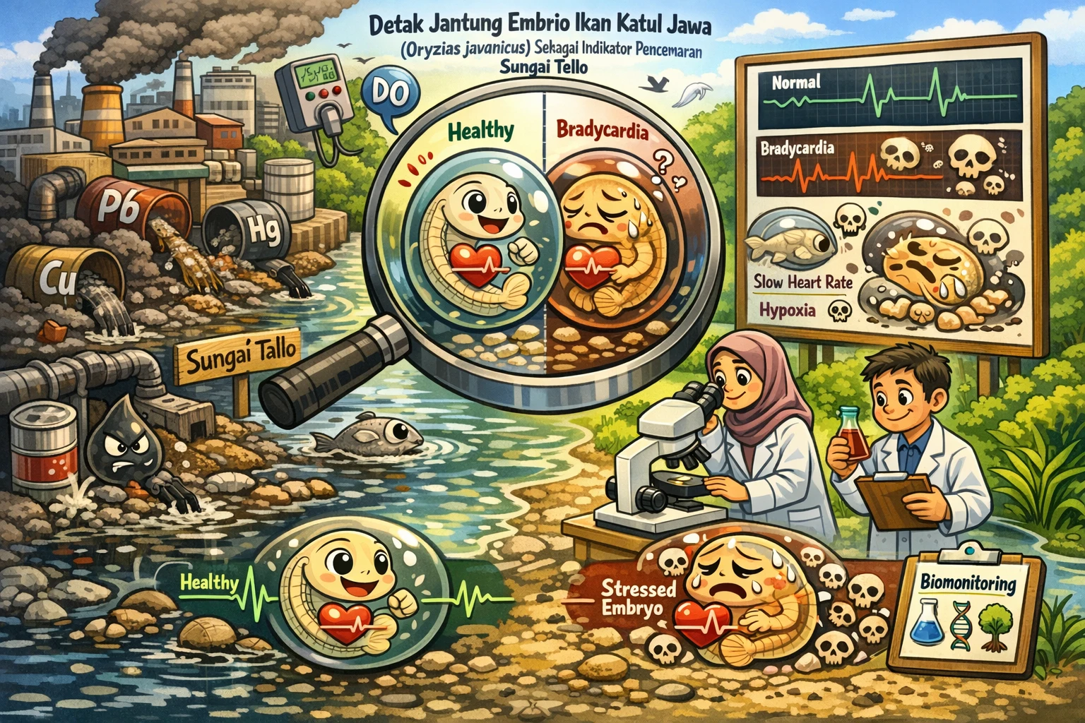 Detak jantung embrio ikan katul jawa (Oryzias javanicus) menjadi “alarm biologis” pencemaran Sungai Tallo, di mana paparan logam berat dan limbah domestik memicu bradikardia, hipoksia, hingga gangguan perkembangan embrio yang tak selalu terdeteksi oleh parameter fisik-kimia konvensional. (Ilustrasi dibuat oleh AI).